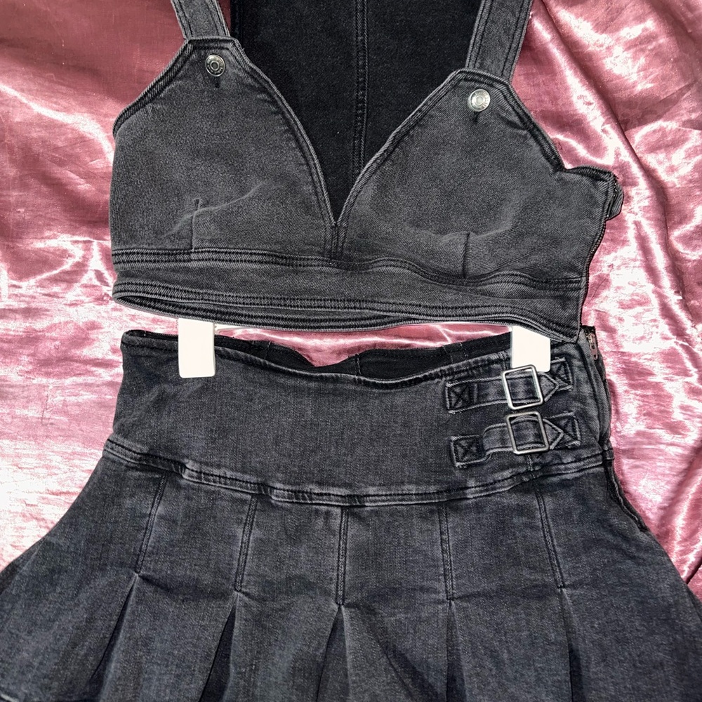 Black Denim Two-Piece Crop Top and Pleated Skirt Set